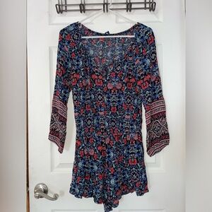 American Eagle Outfitters Red and Blue Floral Long Sleeve Romper